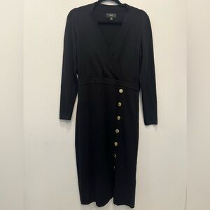 Maia Black Wrap Midi Dress Gold Button Detail | Long Sleeve | Size M